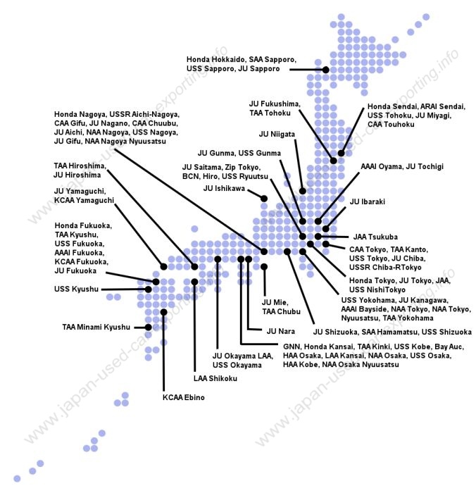 Japanese Used Car Exporting Map of Auto Auctions in Japan